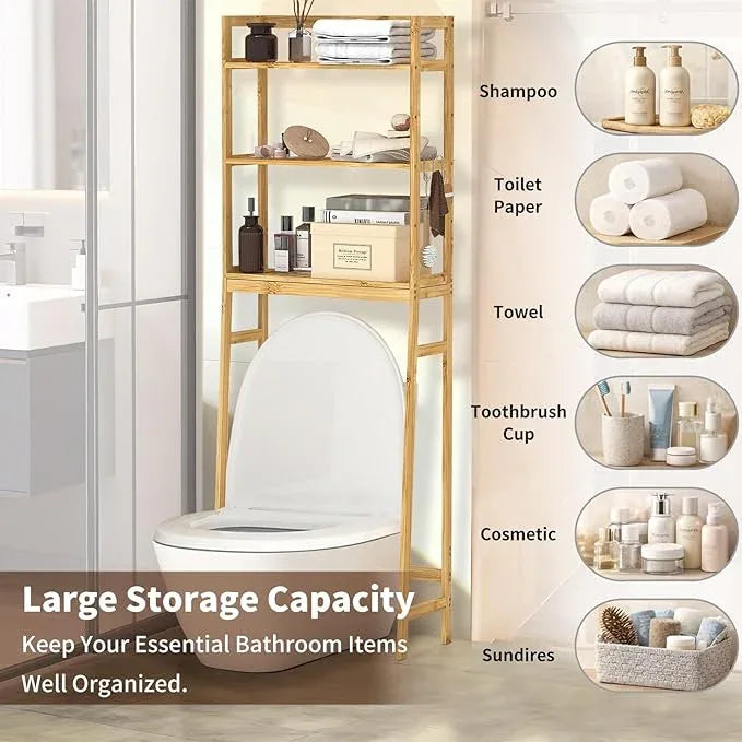 BAMBANG Over The Toilet Storage Rack, 3-Tier Over The Toilet Storage Shelf with 3 Hooks, Freestanding Above Toilet Bathroom Organizer Shelves for Space Saver Storage, Bamboo Natural - ModernBath