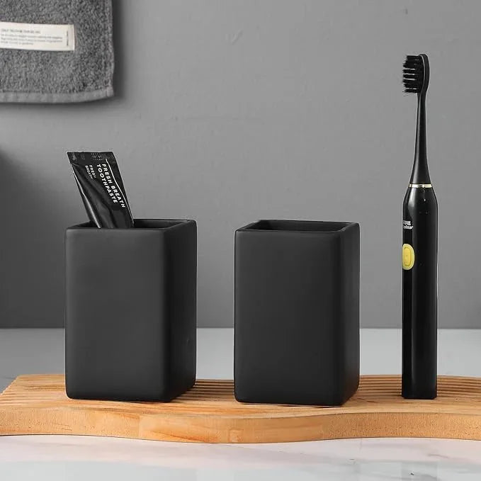 Black Square Toothbrush Holders for Bathrooms - 2 Cups Ceramic Square Toothbrush Toothpaste Holders Set, Bathroom Tumbler Cups Reusable Toothbrush Mouthwash Cup, Bathroom Counter Organizer. - ModernBath