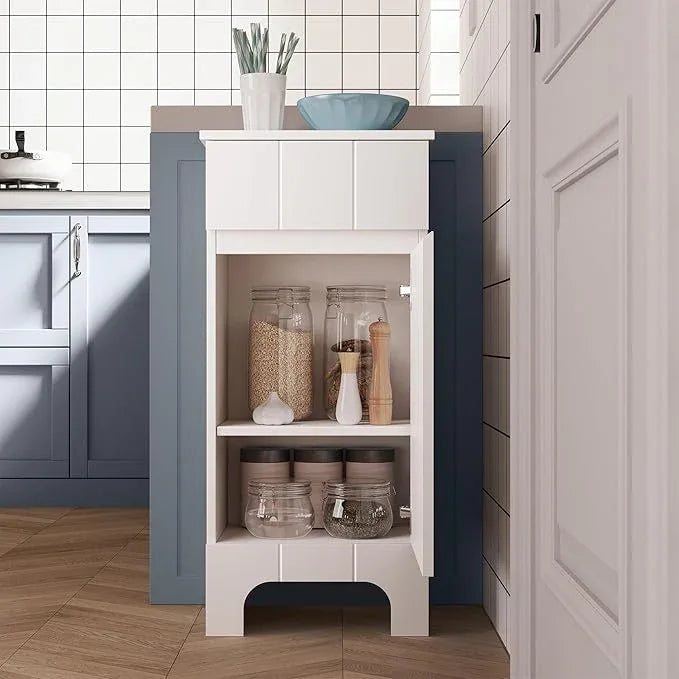 Small Bathroom Cabinet with Adjustable Shelves, Drawer, Anti-Tip Design, 14.96" L x 11.81" W x 32.09" H, Durable MDF for Bathroom, Kitchen, Laundry, Soft-Close Door - ModernBath