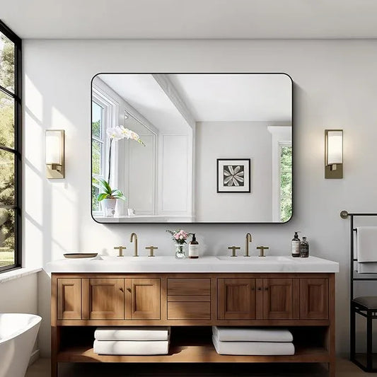CIVENO Bathroom Mirror, 48x36 inch Black Rectangle Wall Mirror, Metal Frame Rounded Corner Vanity Mirror, Large Wall Mounted Mirror for Over Sink Bedroom Living Room Horizontal Or Vertical Mounting - ModernBath