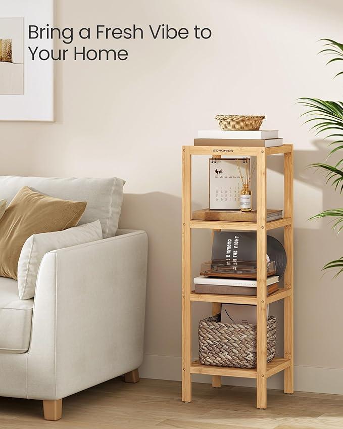SONGMICS Bamboo Storage Shelf, 4-Tier Shelving Unit, Multifunctional, in the Entryway, Bathroom, Living Room, Balcony, Kitchen, 13 x 13 x 38.6 Inches, Light Bamboo UBCB54Y - ModernBath