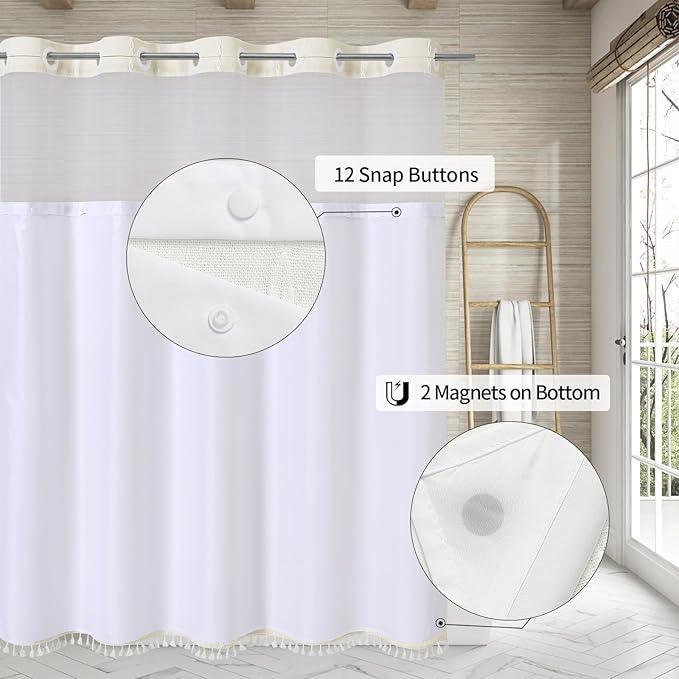 MitoVilla No Hooks Needed Farmhouse Shower Curtain with Snap-in Liner - with Window & Magnets, Boho Cotton Linen Fabric Shower Curtains with Tassels for Rustic Bathroom Decor, Ivory, 72 x 74 - ModernBath