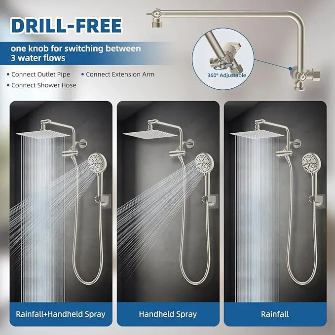 12" All Metal Shower Head, High Pressure 10-Spray Handheld Showerhead Rainfall Shower Head Combo with 11" Adjustable Shower Extension Arm, 71" Hose, Shower Head Holder, Brushed Nickel - ModernBath
