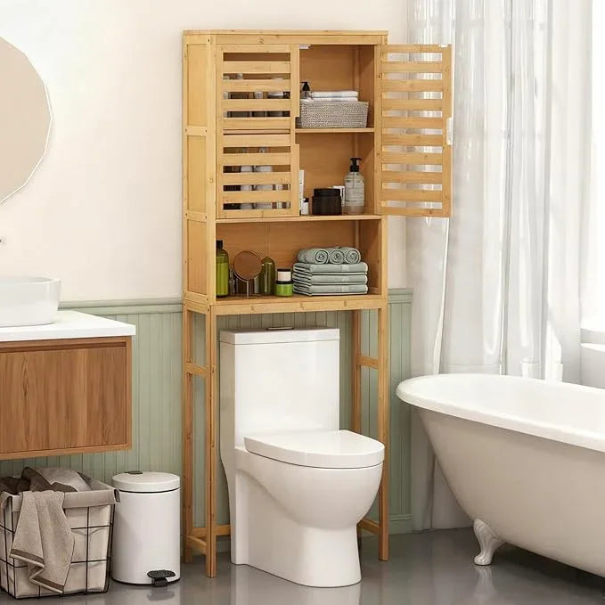 Giantex Over The Toilet Storage Cabinet, 3-Tier Bamboo Bathroom Space Saver with 2 Louver Doors, Open Shelf, Adjustable Bottom Bar, Over Toilet Bathroom Organizer for Laundry, Balcony, Restroom - ModernBath