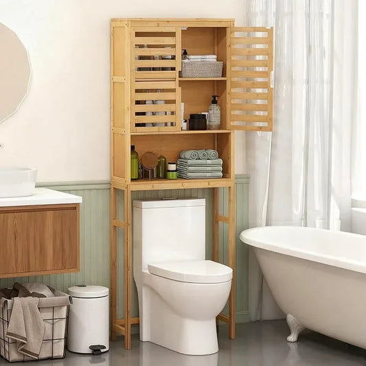 Giantex Over The Toilet Storage Cabinet, 3-Tier Bamboo Bathroom Space Saver with 2 Louver Doors, Open Shelf, Adjustable Bottom Bar, Over Toilet Bathroom Organizer for Laundry, Balcony, Restroom - ModernBath