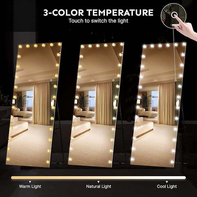 Kosmonia 82x36 Hollywood Full Length Mirror with Light, 28 Dimmable Bulbs & 3 Color Smart Touch Control, Distortion Free, Tempered Glass & Shatter Proof Film, Safe Full Body Mirrors with Stand - ModernBath