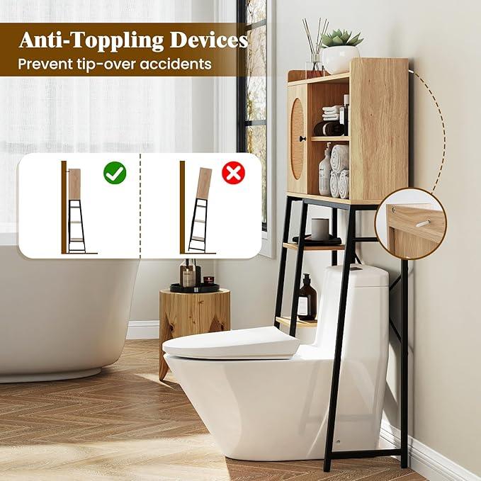 Giantex Over The Toilet Storage Cabinet with Rattan Door, Freestanding Space Saver Rack Above Toilet with Metal Stand, Adjustable Shelf, Over Toilet Bathroom Organizer for Restroom, Laundry - ModernBath