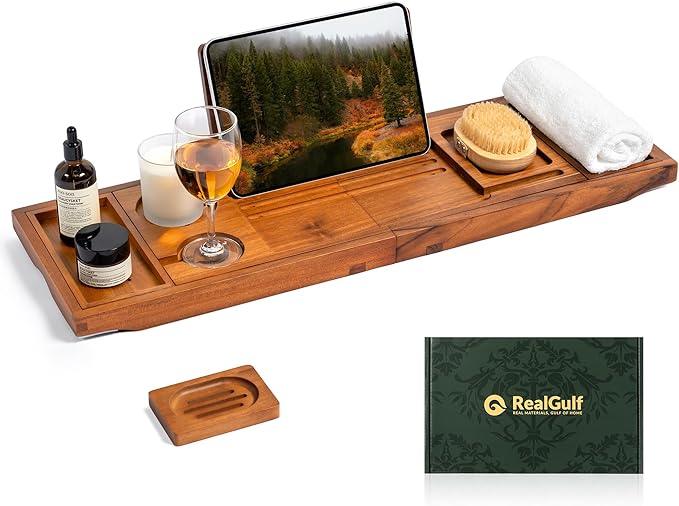 Realgulf Teak Bathtub Tray, Bath Caddy with Wine Glass Holder, Phone Dock & Book Stand | Hands-Free Reading & Ultimate Spa Relaxation Experience-Natural - ModernBath