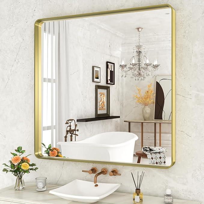 WEER Gold Bathroom Mirror, 36X36 Inch Brushed Metal Frame, Rounded Rectangle Vanity for Wall, Tempered Glass, Anti-Rust, Hangs Horizontally or Vertically - ModernBath
