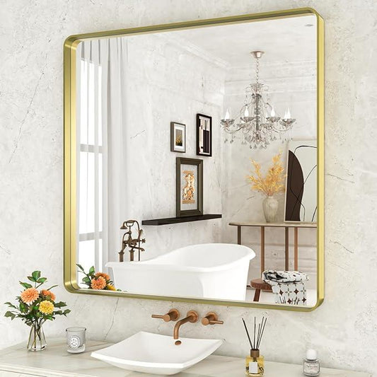 WEER Gold Bathroom Mirror, 36X36 Inch Brushed Metal Frame, Rounded Rectangle Vanity for Wall, Tempered Glass, Anti-Rust, Hangs Horizontally or Vertically - ModernBath