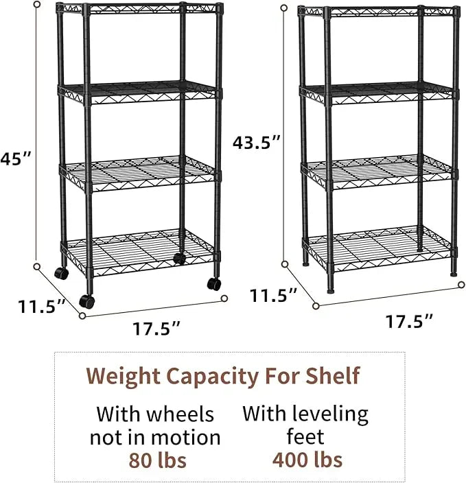 SINGAYE 4 Small Shelves Storage Shelf Wire Shelving Unit Metal Shelf Adjustable Organizers Storage Shelving with Wheels for Bathroom Laundry Room Kitchen Pantry12”D x 18”W x 45”H Black - ModernBath