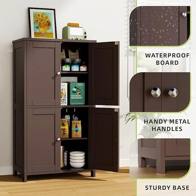 Vongrasig Floor Storage Cabinet, Small Bathroom Storage Unit with 4 Doors and Adjustable Shelves, Freestanding Modern Cabinet for Living Room, Entryway, Office, Reddish Brown - ModernBath
