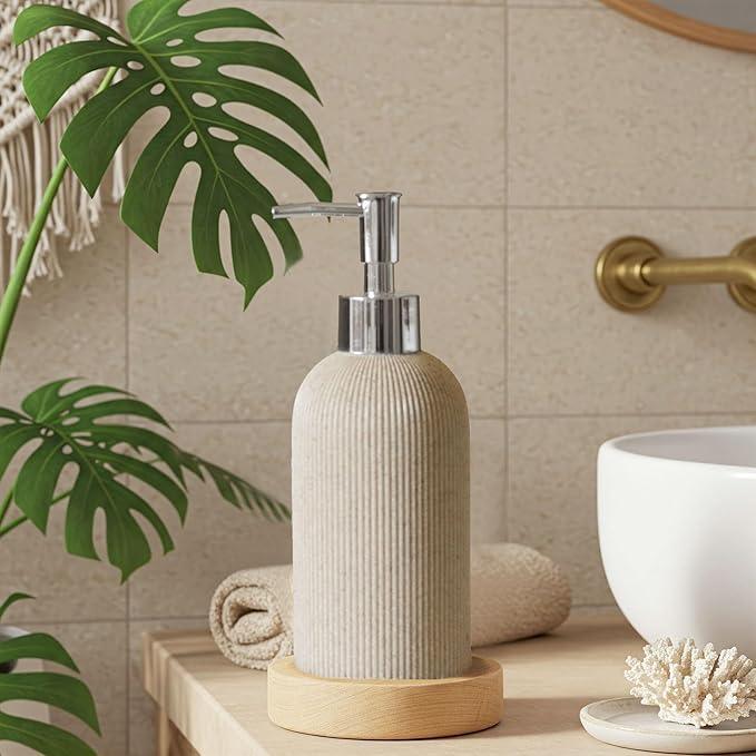 Sand Beige Hand Soap Dispenser for Bathroom and Kitchen with Pump, Luxury Farmhouse Style, Lotion, Dish Soap Dispenser, Sandstone Finish, Rust Proof, 7oz (Silver Pump) - ModernBath