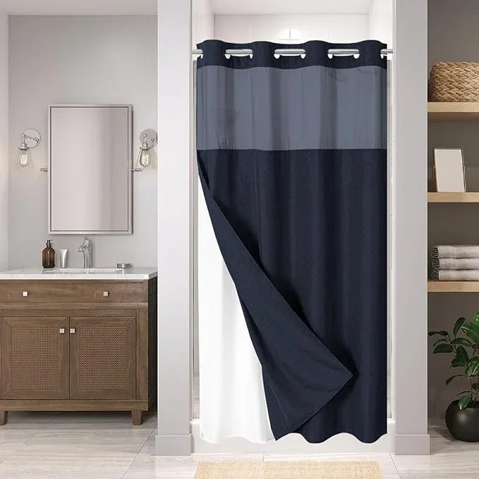eachope Stall No Hooks Needed Linen Textured Shower Curtain with Snap-in Fabric Liner Set,Hotel Luxury Decor Farmhouse Shower Curtains for Bathroom,Waterproof & Washable,54Wx80H,Navy Blue - ModernBath
