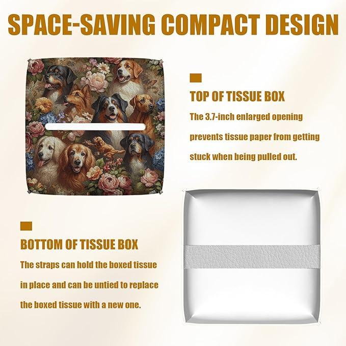 Dog Flower Tissue Box Cover 2PCS, Leather Tissue Box Holder Square Facial Paper Case Tissue Box Cube Organizer for Bathroom Bedroom Desk Office - ModernBath