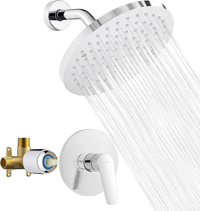 Lavatrum Chrome Shower Head and Handle Set Single Spray Premium Wall Mount 8 Inch Polish Rainfall Round Shower Faucet with Rough-in Valve and Trim Kit for Bathroom（1.8GPM) - ModernBath