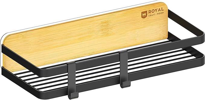 ROYAL CRAFT WOOD Shower Caddy Self Adhesive Organizer - Bamboo & Iron Shower Shelves with Hooks Stylish Storage Solution for Organizing Bath Accessories - ModernBath