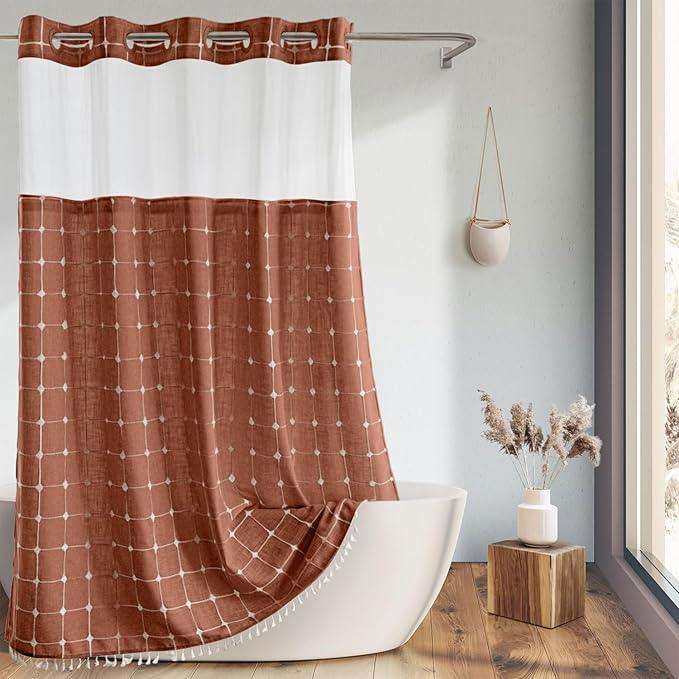Farmhouse Shower Curtain with Snap-in Liner, No Hooks Needed Fabric Shower Curtains with Tassels for Rustic Bathroom Decor, with Window,with Magnets,Water Repellent&Machine Washable,Orange,71x74Inch - ModernBath