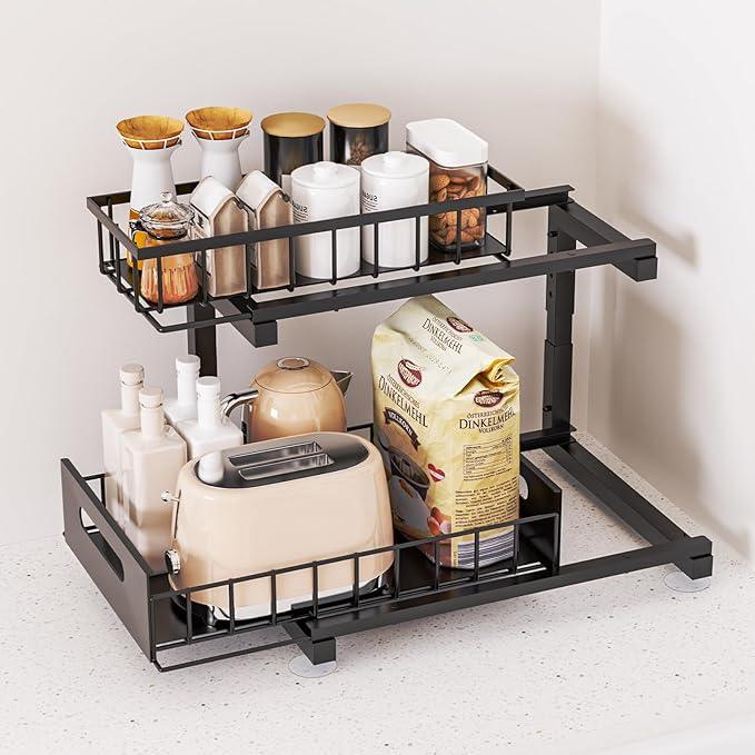Under Sink Organizer, Heavy Duty Metal Pull Out Cabinet Organizer Slide Out Sink Shelf Organizer Height Adjustable, Multi-Purpose Storage Shelf for Kitchen Bathroom(Black,2Pack) - ModernBath