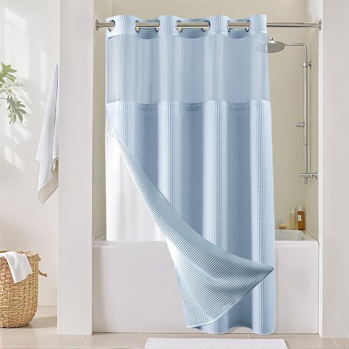 River Dream Misty Blue Fabric Shower Curtain Set, Cotton Blend, Waffle Weave, with Snap in Replacement Liner，54 x 80 inches - ModernBath