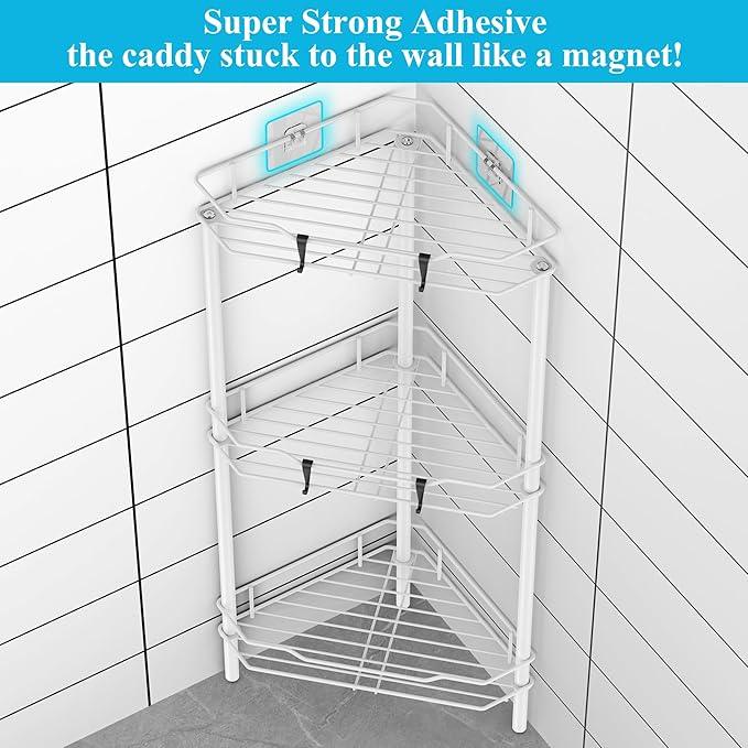 3 Tier Floor Standing Corner Shower Caddy Organizer Shelf with Hooks, Bathroom Shelves Stand Rack, White - ModernBath