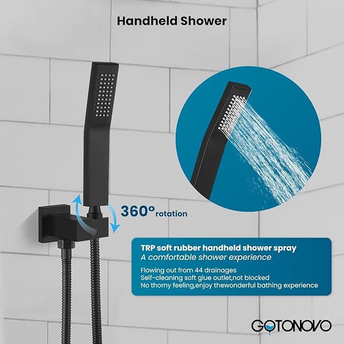 gotonovo Rainfall Bathroom Shower System Rain Shower Head and Handle Set Wall Mounted Shower Complete Combo Solid Brass Pressure Balancing Shower Mixer Valve 10 Inch Matte Black - ModernBath