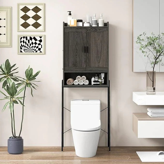 Giantex Over The Toilet Storage Cabinet, Freestanding Space Saver Above Toilet Storage with Metal Stand, Adjustable Shelves & 2 Hooks, Wooden Over Toilet Bathroom Organizer for Laundry Room, Restroom - ModernBath