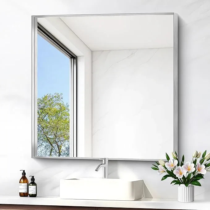 NIMURY Silver Bathroom Mirror, 30x30 Inch Rectangular Framed Mirror, Large Wall Mounted Bathroom Vanity Mirror Over Sink for Bedroom,Restroom, Living Room, Hangs Vertically or Horizontally - ModernBath