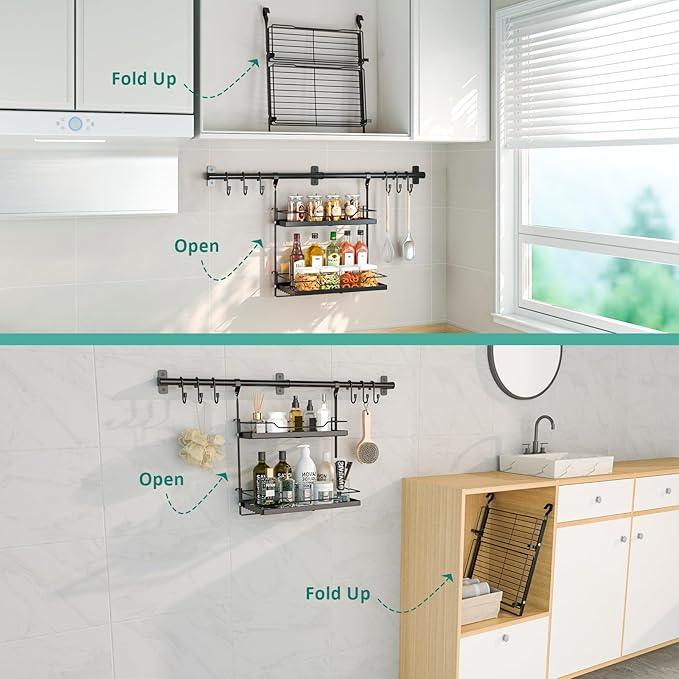 NADAMOO Kitchen Utensil Hanger and Spice Rack with Towel Rack Holder，Wall Mount Space Saving Metal Storage Organizer for Pantry, Countertop, Bathroom - ModernBath