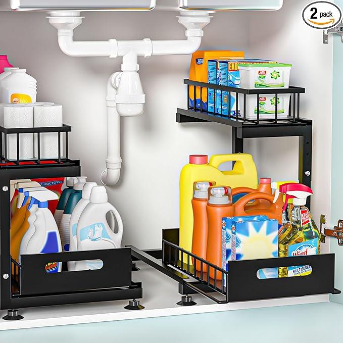 Under Sink Organizer, 2-Tier Premium Metal Pull-Out Racks with Adjustable Height, Heavy Duty Sliding Bin for Bathroom and Kitchen Cabinet Storage, Rust Resistant 2 Pack - ModernBath