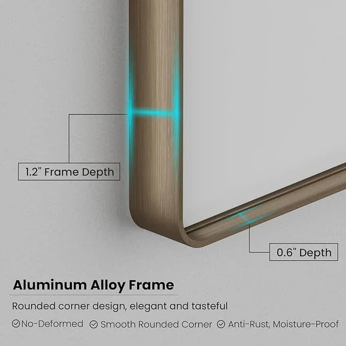 JISOSO Bronze Bathroom Mirror 48x32 Inch, Brushed Bronze Metal Frame Mirror for Wall, Rounded Rectangle Bathroom Vanity Mirror with Tempered Glass, Anti-Rust, Horizontal/Vertical - ModernBath