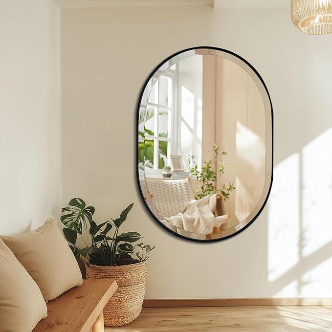 POZINO Oval Beveled Mirror, 24"x36" Bathroom Mirror for Over Sink, Rounded Rectangle Mirrors, Modern Oblong Vanity Wall Mirrors in Premium Stainless Steel Frame Hangs Horizontal Or Vertical - ModernBath