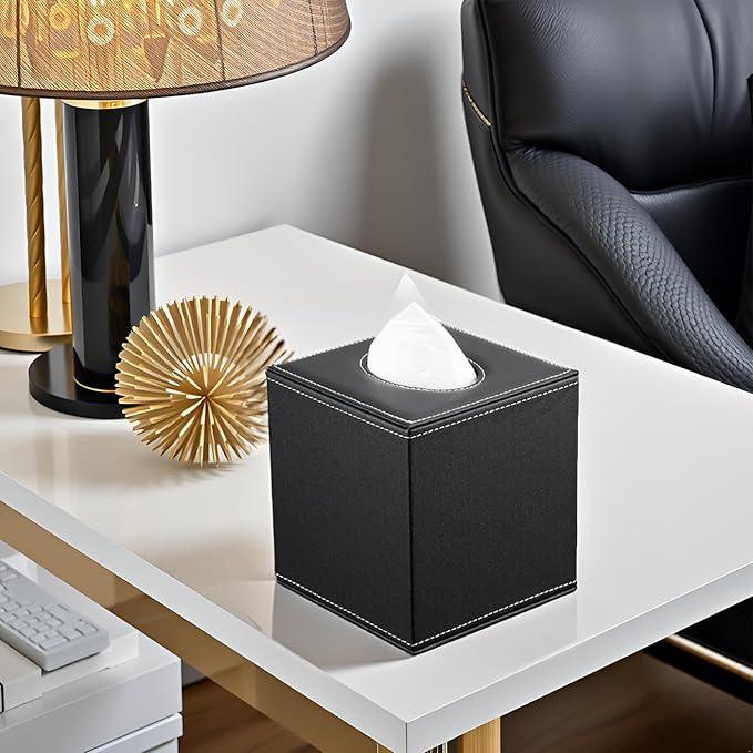 KINGFOM Square Pu Leather Tissue Box Cover, Modern Facial Tissue Holder, Roll Tissues Paper Case Dispenser for Bathroom Vanity Countertop, Night Stands, Office Desk & Car(Black) - ModernBath