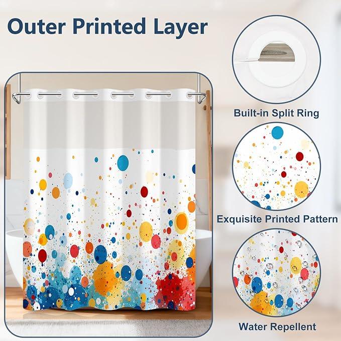 Kids Rainbow No Hook Shower Curtain and Liner Set, Abstract Colorful Cute Polka Dot Double Layers Waterproof Fabric Shower Curtain, Modern Geometric Aesthetic Decor Bathroom Curtains, 71x74 Inch - ModernBath