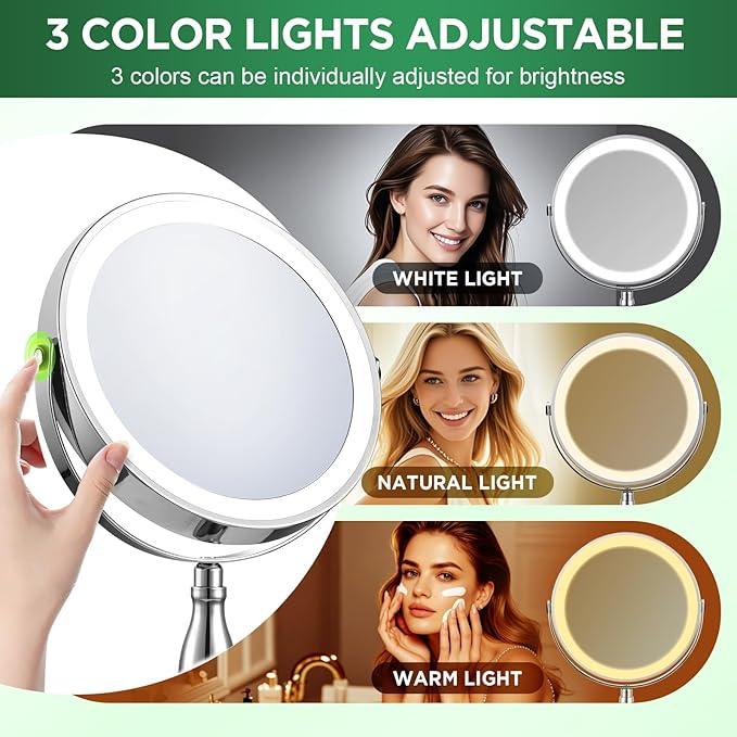 DASLAVA 30x Magnifying Mirror, Lighted Makeup Mirror with 3 Colors Modes & Adjustable Brightness, 5000mAh Rechargeable, 360° Rotation Double Side, Large Magnifying Vanity Mirror, Gifts for Women - ModernBath