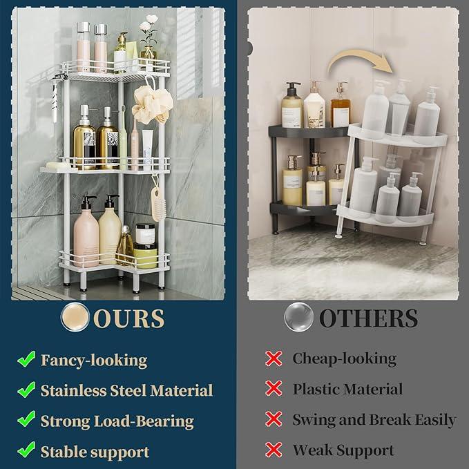 Consumest Corner Shower Caddy Standing - 3-Tier Stainless Steel Shower Organizer with Soap Holder and 4 Hooks, Large Capacity Corner Shelf Stand for Bathroom, Rest Room, White - ModernBath