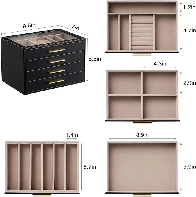 pickpiff Jewelry Box Organizer Case for Women: 4-Layer Jewelry Storage Case with Glass Window, Black Leather with Blush Velvet, Holder for Ring Necklace Bracelet Brooch Watch, Great Gift for Her - ModernBath