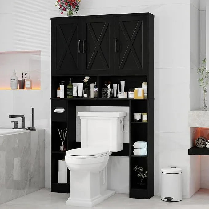 Over The Toilet Storage Cabinet, Farmhouse Toilet Cabinet Rack with 3 Barn Doors, Space Saving Bathroom Organizer with Shelves, Toilet Paper Holder and Towel Rack for Bathroom,Restroom,Laundry, Black. - ModernBath