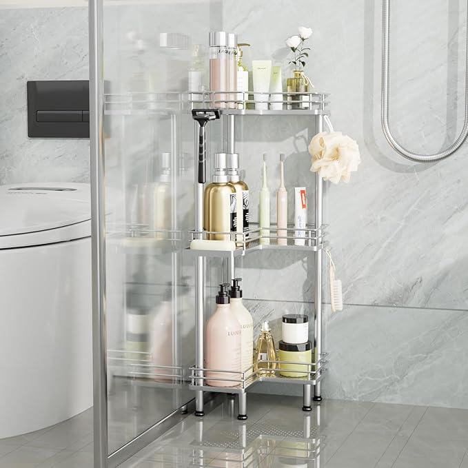 Consumest Corner Shower Caddy Standing - 3-Tier Stainless Steel Shower Organizer with Soap Holder and 4 Hooks, Large Capacity Corner Shelf Stand for Bathroom, Rest Room, Silver - ModernBath