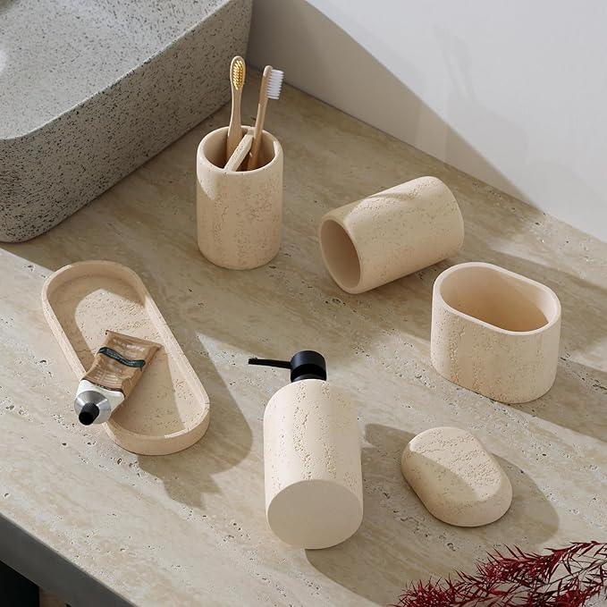 WUUAHOME Bathroom Accessories Set, Travertine Stone-Look, 5 PCS Bathroom Accessory Set with 13.53 OZ Soap Dispenser, Toothbrush Holder, Tumbler, Vanity Tray, Cotton Swab Jars for Countertop (Yellow) - ModernBath