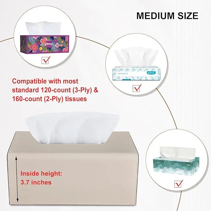 Tissue Box Cover, PU Leather Rectangular Tissue Box Holder with Magnetic Bottom Cover for Facial Tissues/Napkins, Office & Living Room Decor Box for Standard 120-count (3-Ply) 160-count (2-Ply) Beige - ModernBath