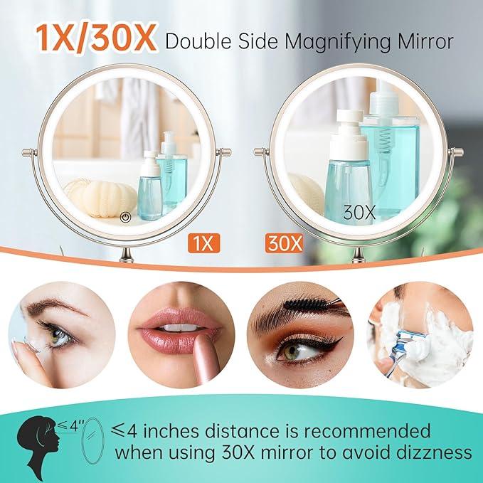5000mAh Rechargeable Wall Mounted Lighted Makeup Vanity Mirror, Double Sided 1X 30X Magnifying Bathroom Mirror, 3 Color Lighting, Touch Screen Dimming, Extended Arm 360 Rotation Shaving Mirror - ModernBath