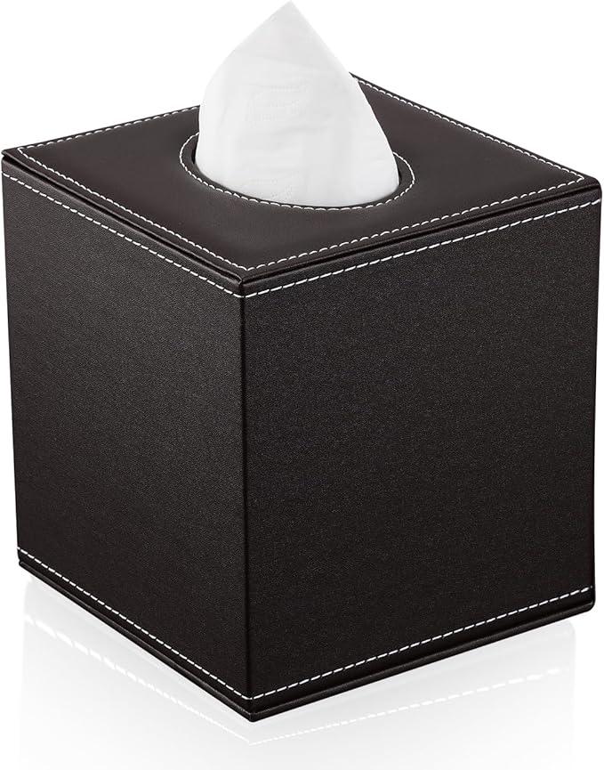 KINGFOM Square Pu Leather Tissue Box Cover, Modern Facial Tissue Holder, Roll Tissues Paper Case Dispenser for Bathroom Vanity Countertop, Night Stands, Office Desk & Car(Brown) - ModernBath