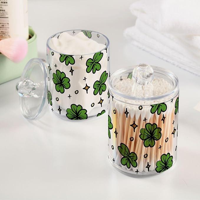 Qtip Holder Bathroom Set Q tip Cotton Ball Swab Pad Dispenser Container Organizer Plastic Jars with Lids Storage 2Pack Clover Leaves and Stars St Patricks - ModernBath