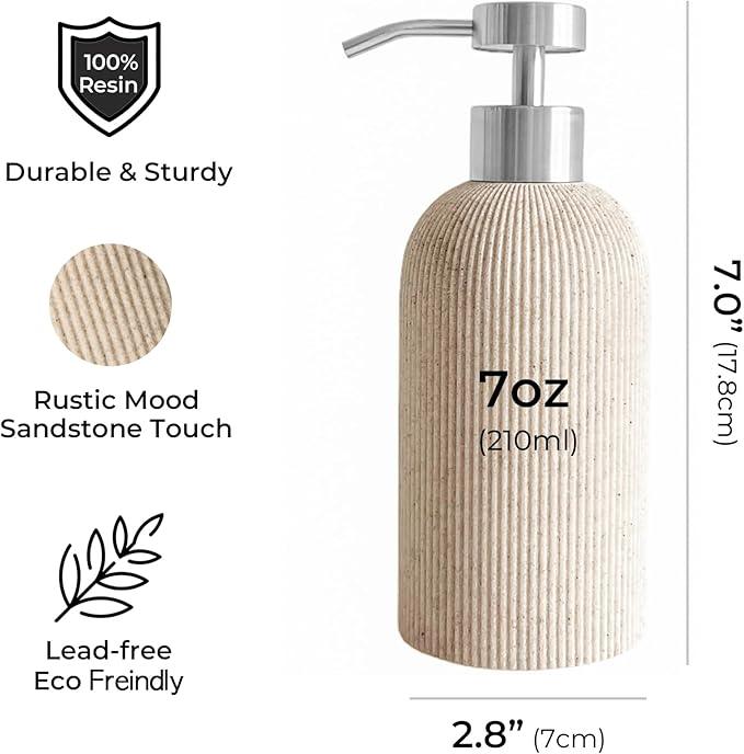 Lunestella Elegant Boho Beige Hand Soap Dispenser with Stainless Steel Pump, for Bathroom and Kitchen, Rust Proof, 7oz - ModernBath