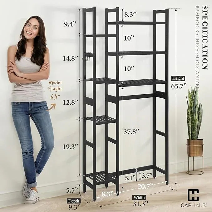 CAPHAUS Over -The -Toilet Storage Shelf,7-Tier Bamboo Bathroom Organizer Shelf Rack Over Toilet with Adjustable Feet & Hooks, Freestanding Toilet Shelf for Bathroom Laundry Balcony Plant Stand,Black - ModernBath