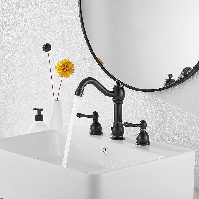 GGStudy 2 Handles 3 Holes Faucet Widespread Bathroom Sink Faucet Basin Tap Mixer Supply Hose Included Matching Pop Up Drain Oil Rubbed Bronze - ModernBath