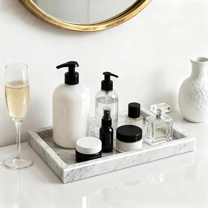 MARBLOC 12"x8" Marble Tray White Rectangular Bathroom Tray countertop, Vanity & Kitchen | Includes Mirror Wiper and Wash Towel | Decorative Organizer for Perfume, Jewelry & Home Decor - ModernBath