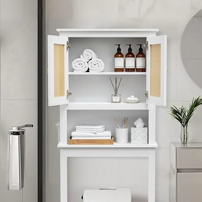 Over The Toilet Storage Cabinet, Behind Toilet Bathroom Organizer with Adjustable Shelves, Above Toilet Organizers with Rattan Door, Space Saver for Restroom, Bathroom, Laundry - ModernBath