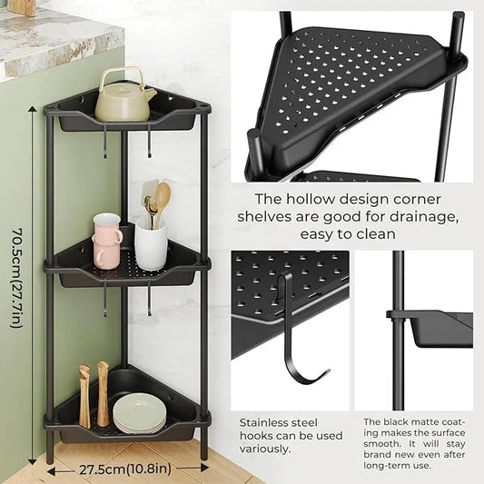 3 Tier Corner Shower Caddy Standing Floor Standing Corner Shower Caddy Organizer Shower Table Plastic Metal Splicing Shelf Storage Rack for Bathroom Black - Rustproof - ModernBath